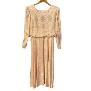 Nilani Vintage 80s Peach Floral Jacquard Midi Dress Lace Embroidered Size 8